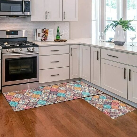 Boho Floral Kitchen Bath Rugs Mat Non-Slip Washable Runner 2pc - Picture 5 of 8